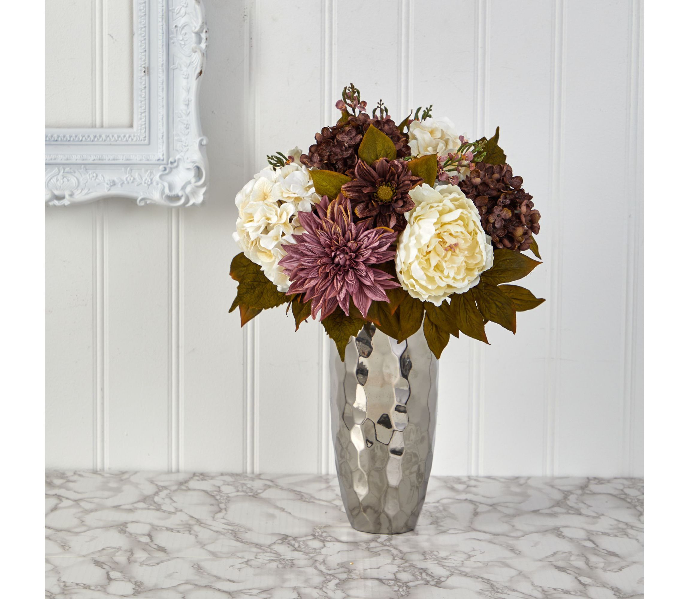 22-Inch Peony, Hydrangea and Dahlia Artificial Arrangement in Silver Vase
