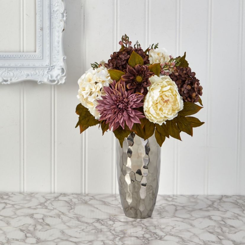22-Inch Peony, Hydrangea and Dahlia Artificial Arrangement in Silver Vase