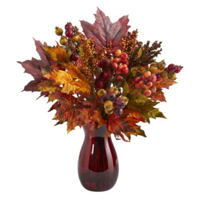 18-Inch Maple Leaf and Berries Artificial Arrangement in Ruby Vase