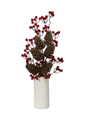 Nearly Natural 23-Inch Pinecone and Berries Artificial Arrangement in White Vase