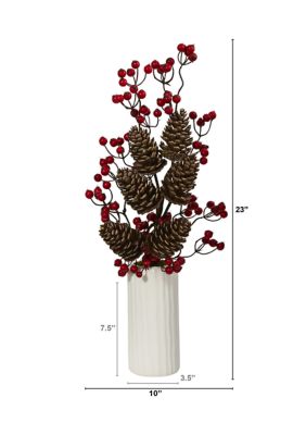 23-Inch Pinecone and Berries Artificial Arrangement in White Vase