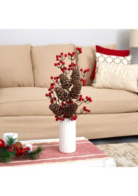 23-Inch Pinecone and Berries Artificial Arrangement in White Vase