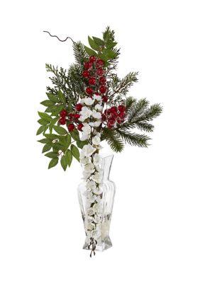 25 Inch Wisteria, Iced Pine and Berries Artificial Arrangement in Glass Vase