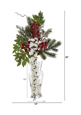 25 Inch Wisteria, Iced Pine and Berries Artificial Arrangement in Glass Vase