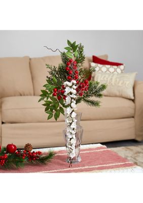 25 Inch Wisteria, Iced Pine and Berries Artificial Arrangement in Glass Vase