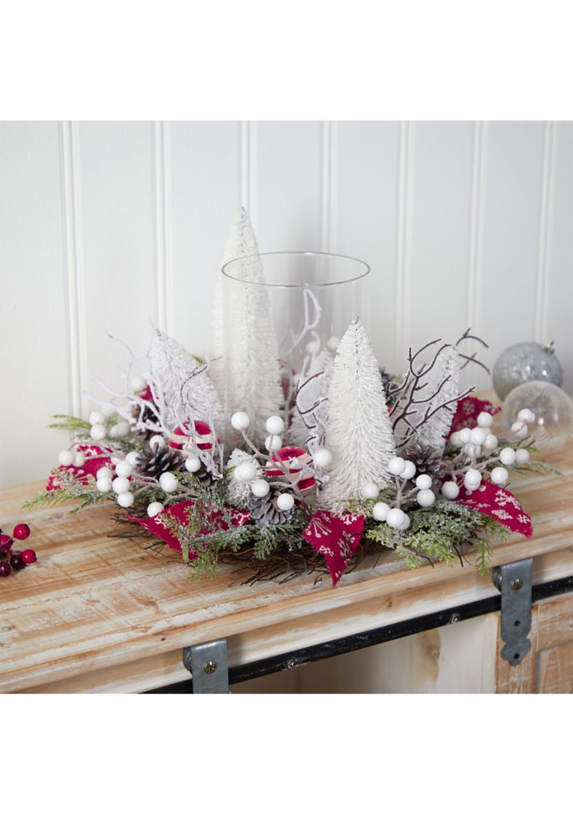 15 Inch Holiday Lighted Forest Candle Holder Table Christmas Artificial Arrangement