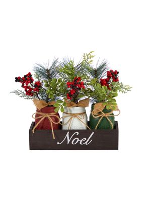 12 Inch Holiday Winter Pine and Berries Three-Piece Mason Jar Noel Table Christmas Artificial Arrangement Décor