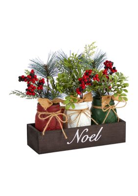 12 Inch Holiday Winter Pine and Berries Three-Piece Mason Jar Noel Table Christmas Artificial Arrangement Décor