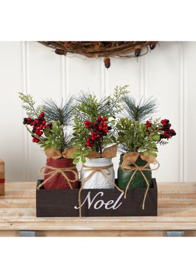 12 Inch Holiday Winter Pine and Berries Three-Piece Mason Jar Noel Table Christmas Artificial Arrangement Décor