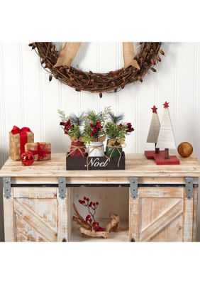 12 Inch Holiday Winter Pine and Berries Three-Piece Mason Jar Noel Table Christmas Artificial Arrangement Décor