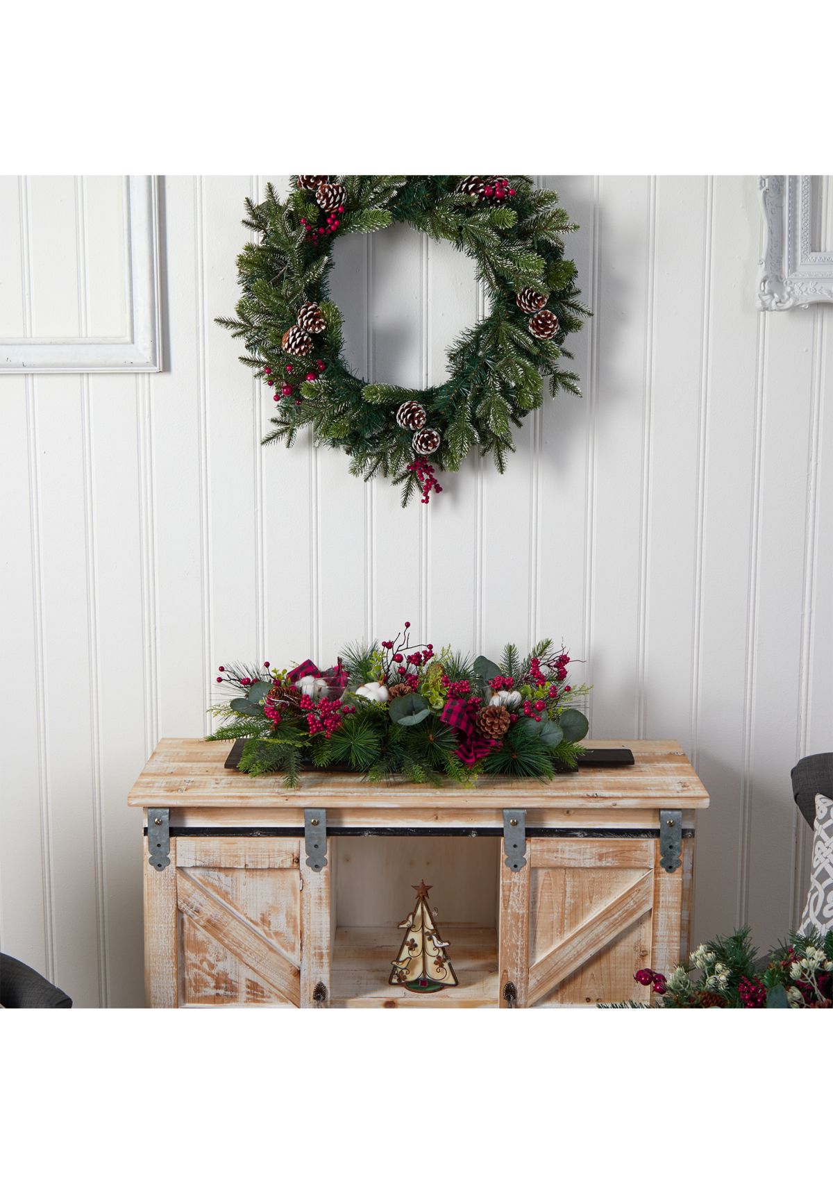 24 Inch Holiday Berries, Pinecones, and Eucalyptus Christmas Artificial Arrangement Cutting Board Wall Décor or Table Arrangement