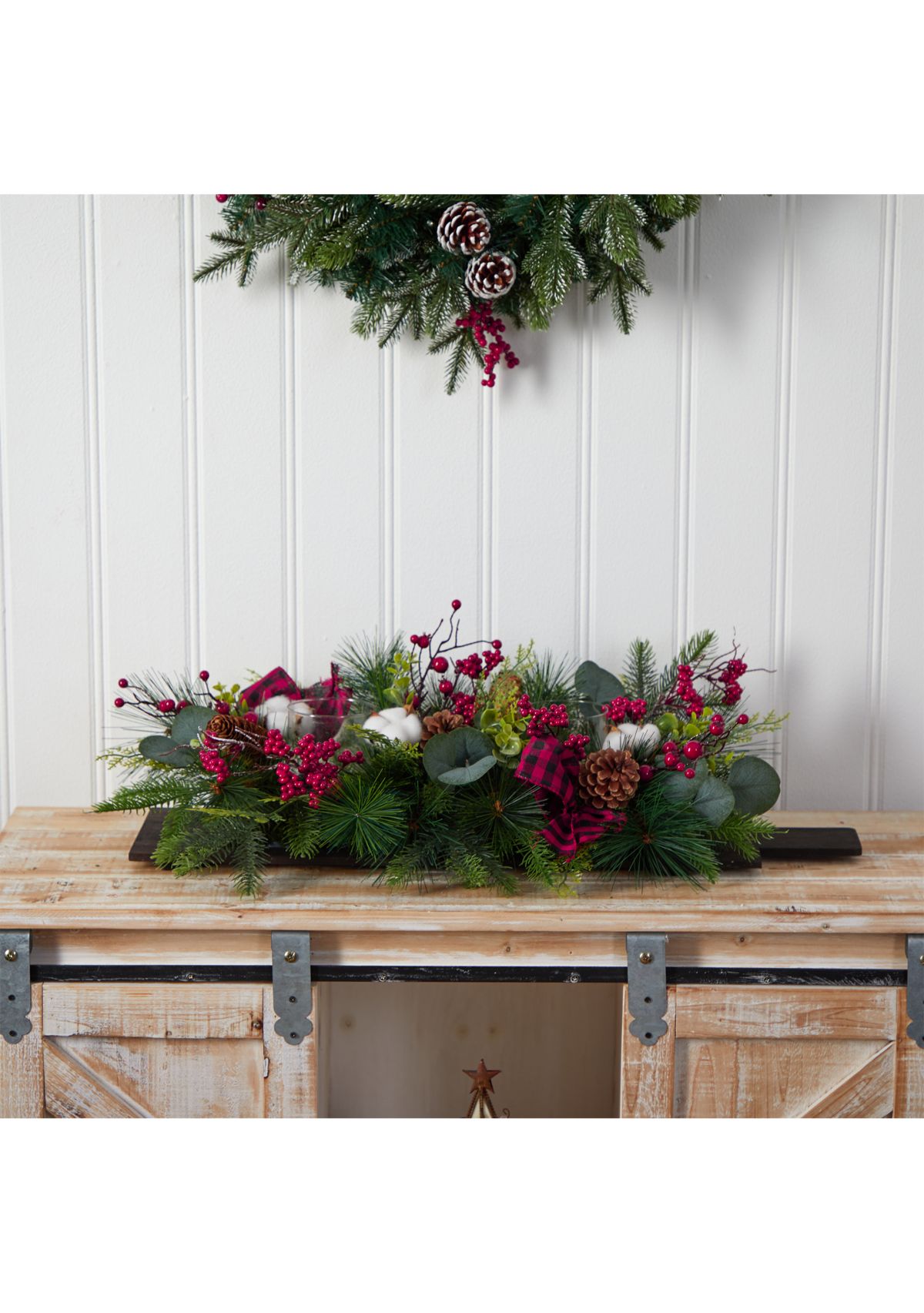 24 Inch Holiday Berries, Pinecones, and Eucalyptus Christmas Artificial Arrangement Cutting Board Wall Décor or Table Arrangement