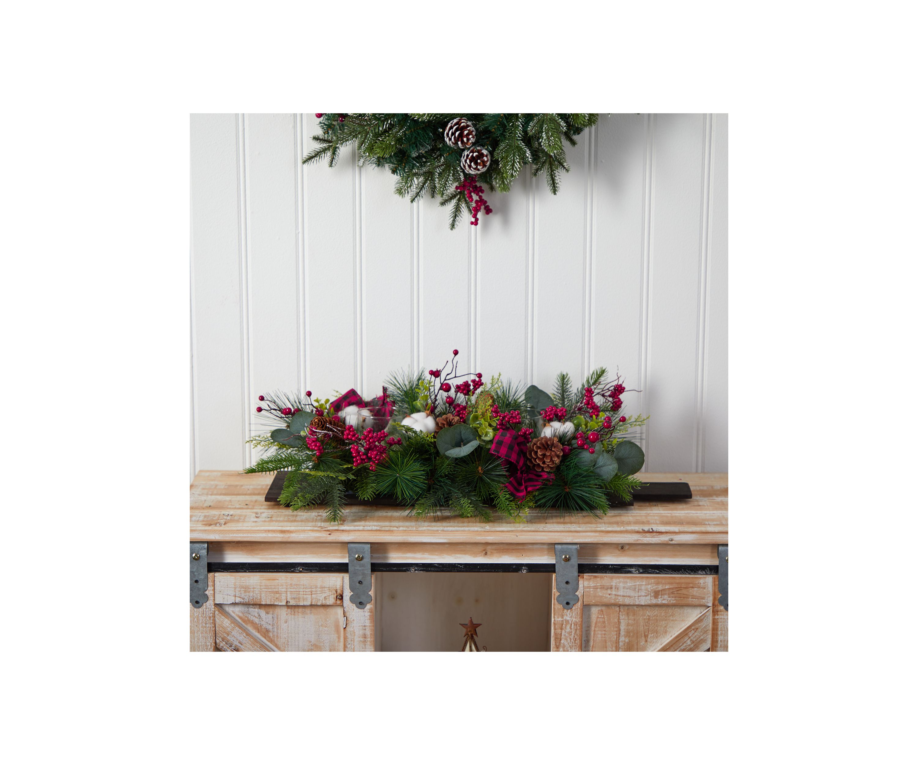 24 Inch Holiday Berries, Pinecones, and Eucalyptus Christmas Artificial Arrangement Cutting Board Wall Décor or Table Arrangement