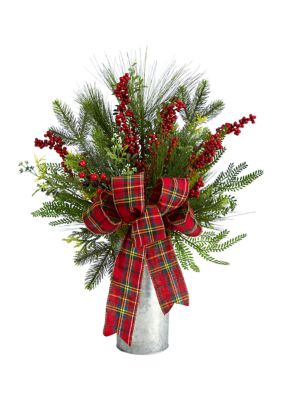 Nearly Natural 28 Inch Holiday Winter Greenery, Berries, and Plaid Bow Artificial Christmas Arrangement Home Décor