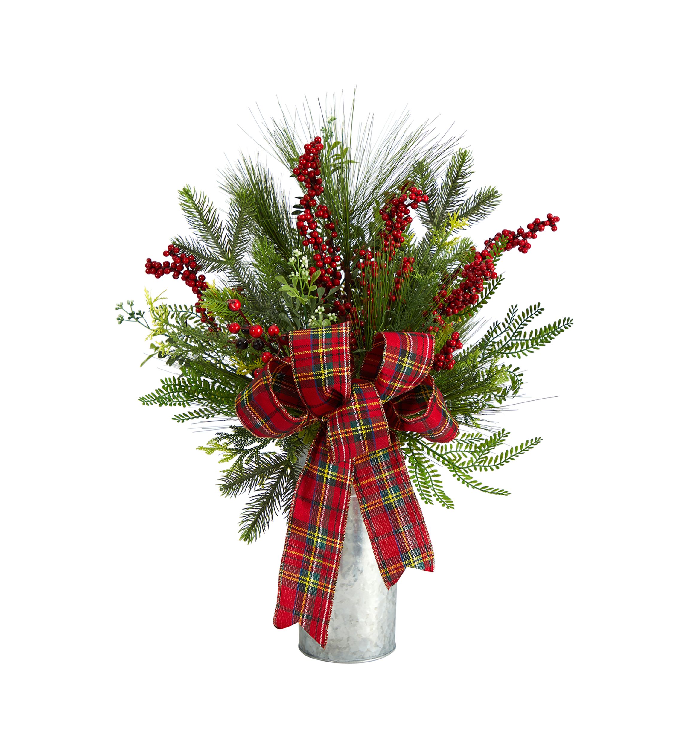 28 Inch Holiday Winter Greenery, Berries, and Plaid Bow Artificial Christmas Arrangement Home Décor
