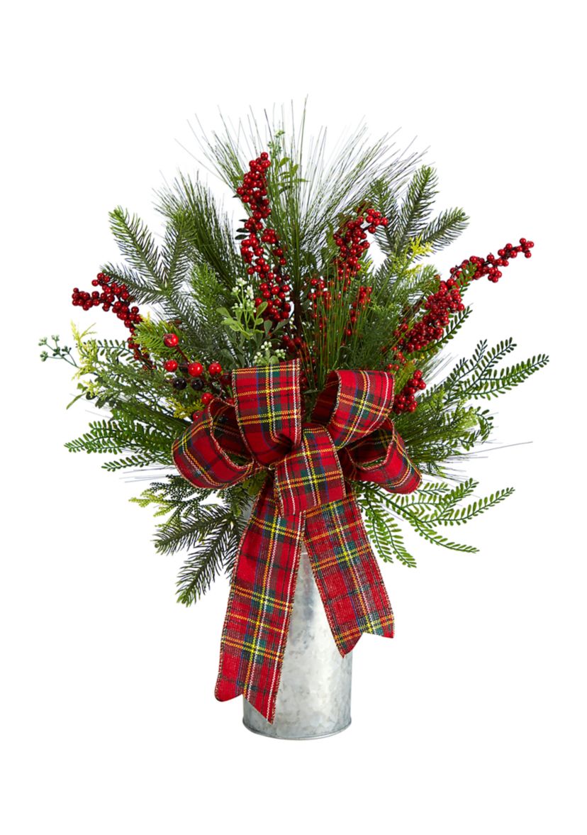 28 Inch Holiday Winter Greenery, Berries, and Plaid Bow Artificial Christmas Arrangement Home Décor