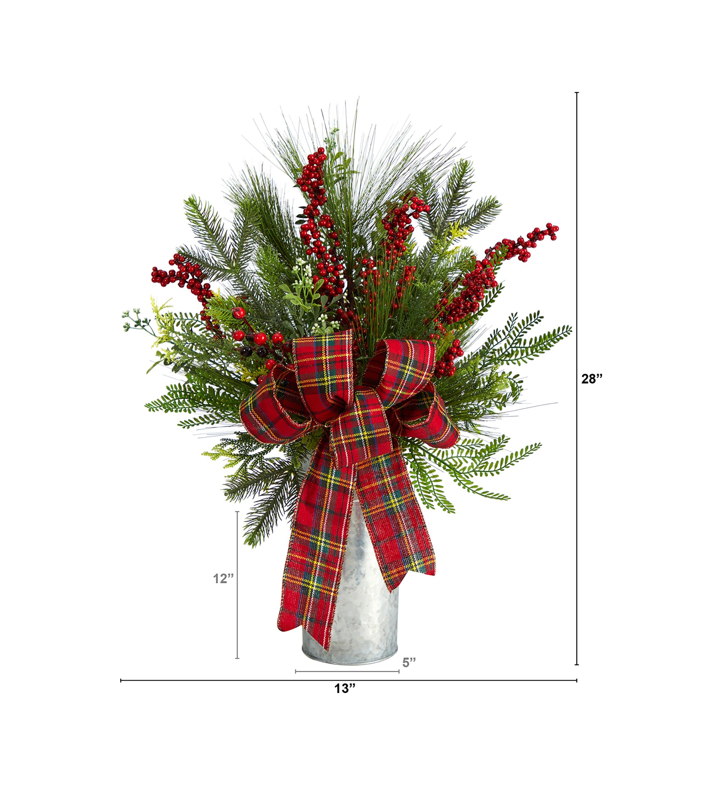 28 Inch Holiday Winter Greenery, Berries, and Plaid Bow Artificial Christmas Arrangement Home Décor