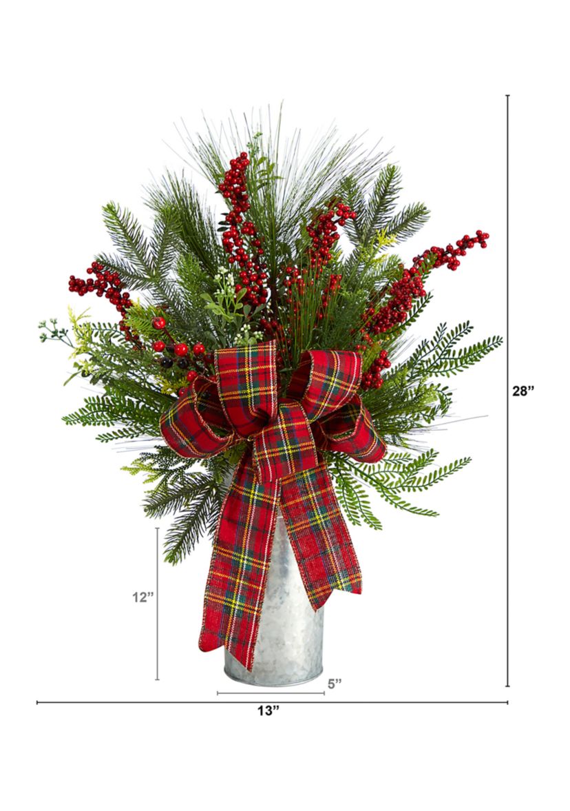 28 Inch Holiday Winter Greenery, Berries, and Plaid Bow Artificial Christmas Arrangement Home Décor