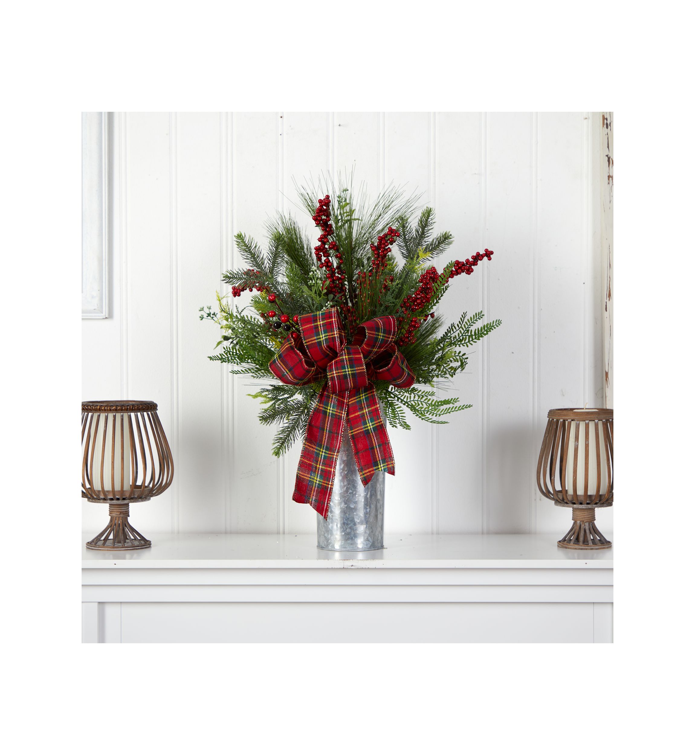 28 Inch Holiday Winter Greenery, Berries, and Plaid Bow Artificial Christmas Arrangement Home Décor