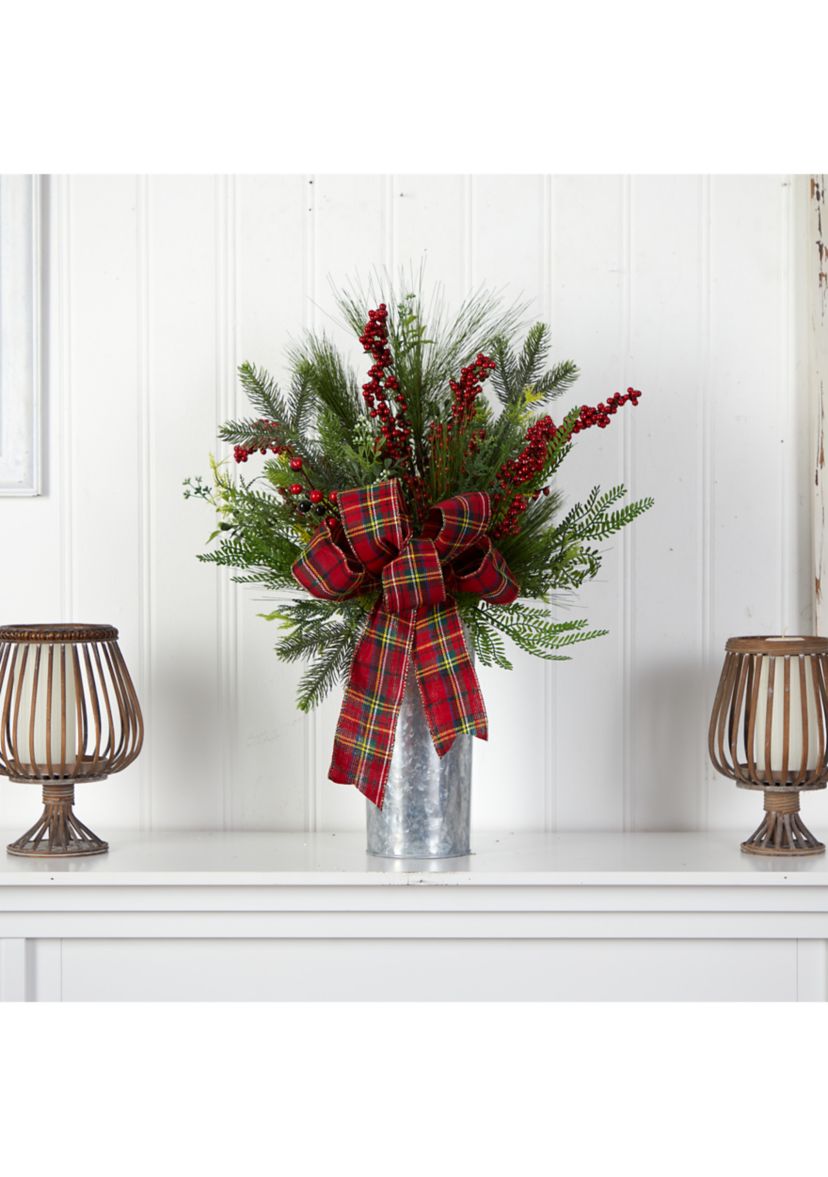 28 Inch Holiday Winter Greenery, Berries, and Plaid Bow Artificial Christmas Arrangement Home Décor