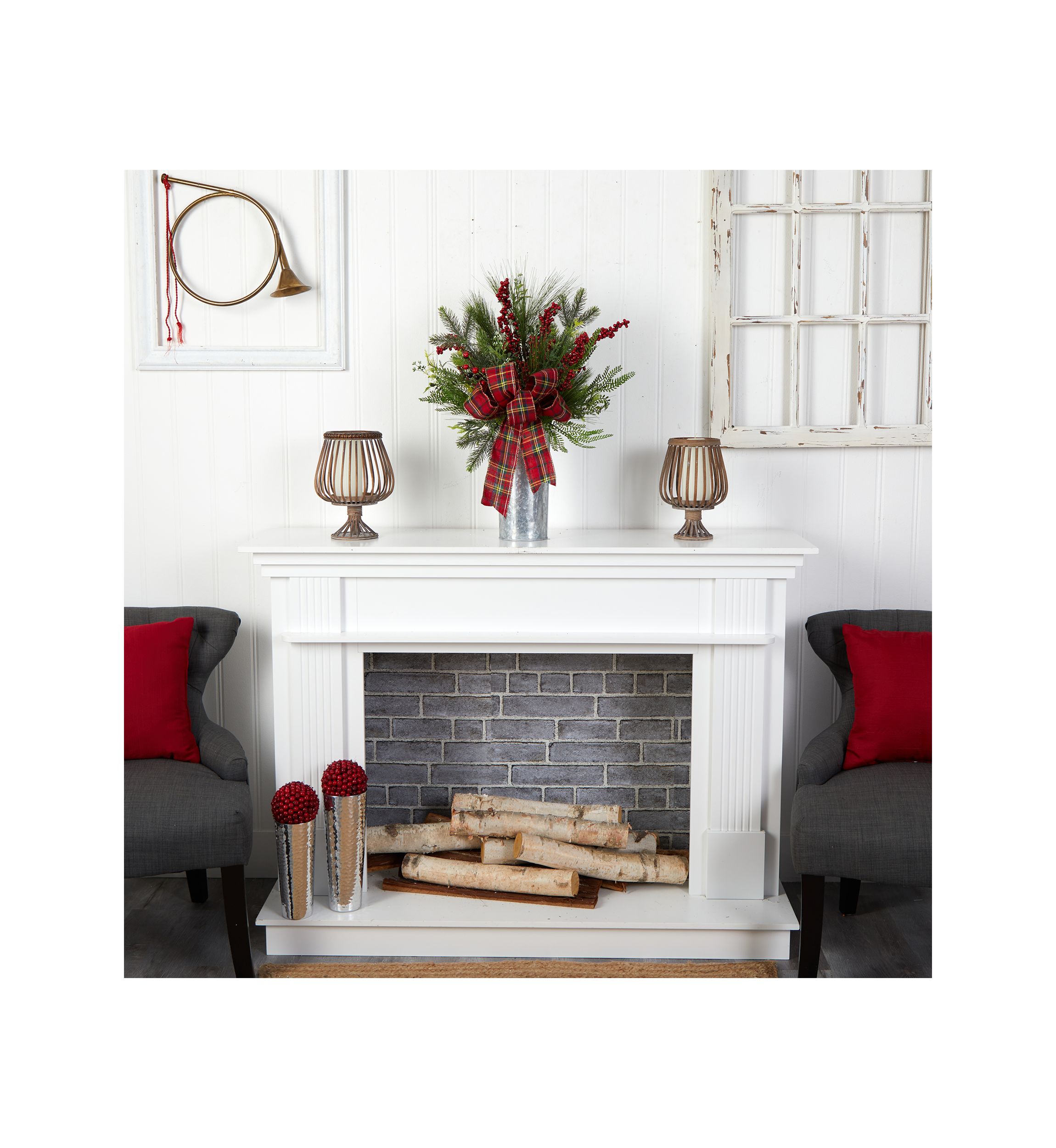 28 Inch Holiday Winter Greenery, Berries, and Plaid Bow Artificial Christmas Arrangement Home Décor