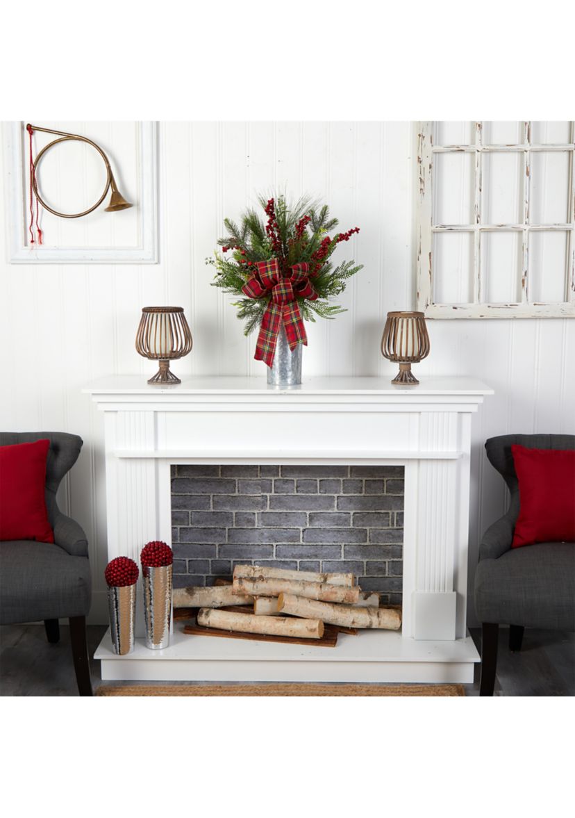 28 Inch Holiday Winter Greenery, Berries, and Plaid Bow Artificial Christmas Arrangement Home Décor