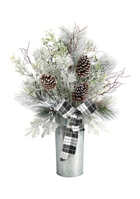 Nearly Natural 28 Inch Frosted Greenery and Pinecone with Plaid Bow Artificial Christmas Arrangement in Decorative Tin, Silver