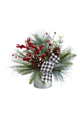Nearly Natural 12 Inch Frosted Pinecones and Berries Artificial Arrangement in Vase with Decorative Plaid Bow