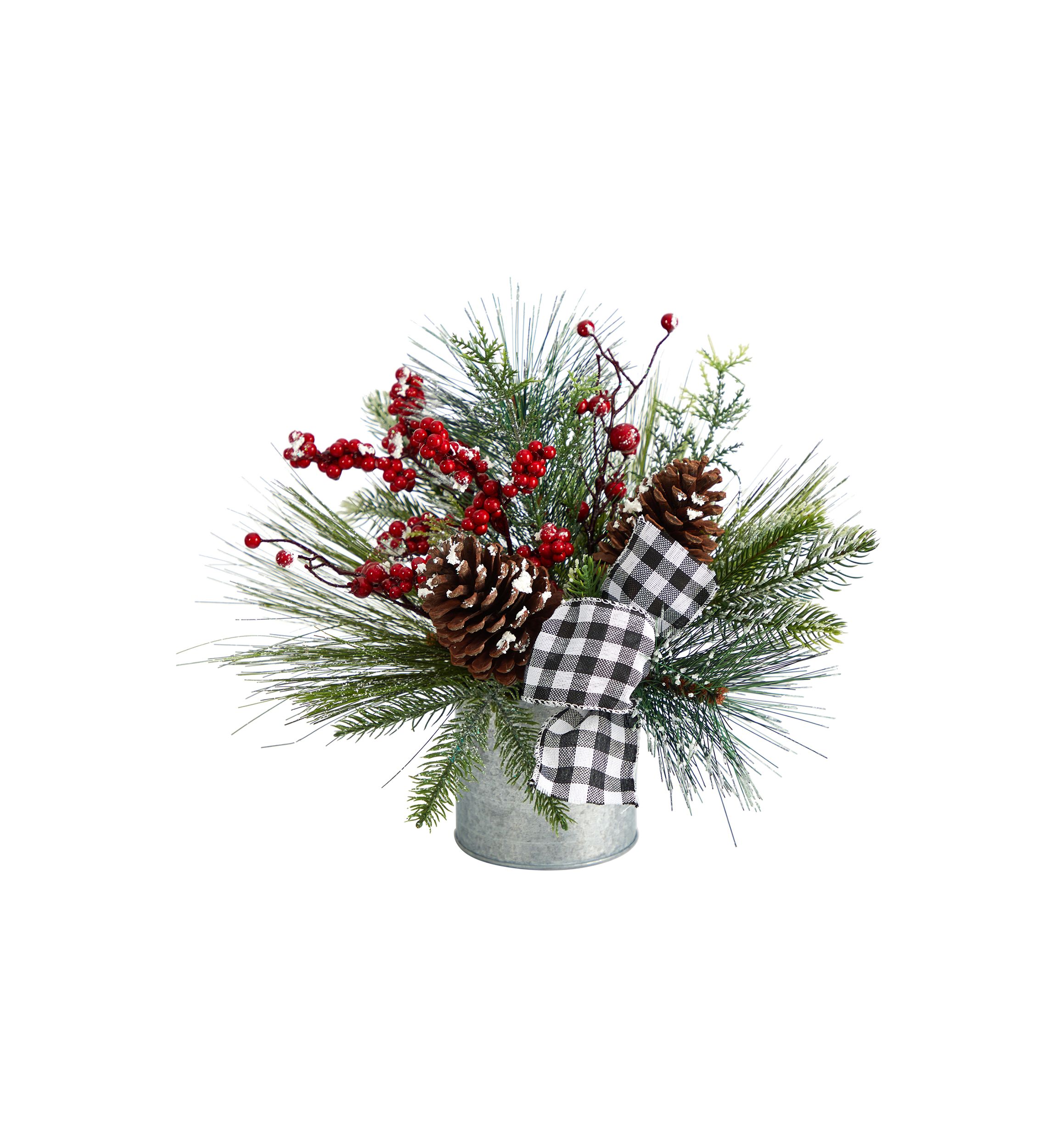 12 Inch Frosted Pinecones and Berries Artificial Arrangement in Vase with Decorative Plaid Bow