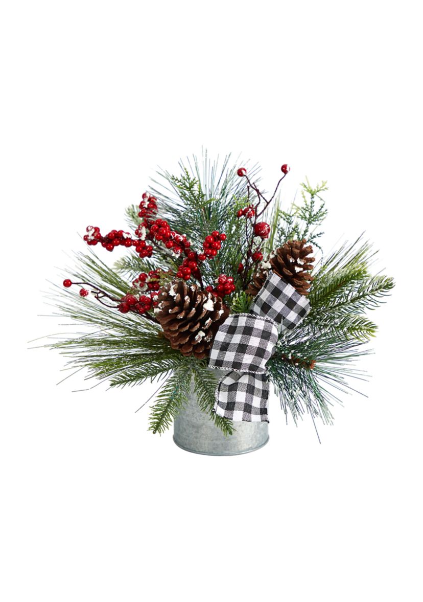 12 Inch Frosted Pinecones and Berries Artificial Arrangement in Vase with Decorative Plaid Bow
