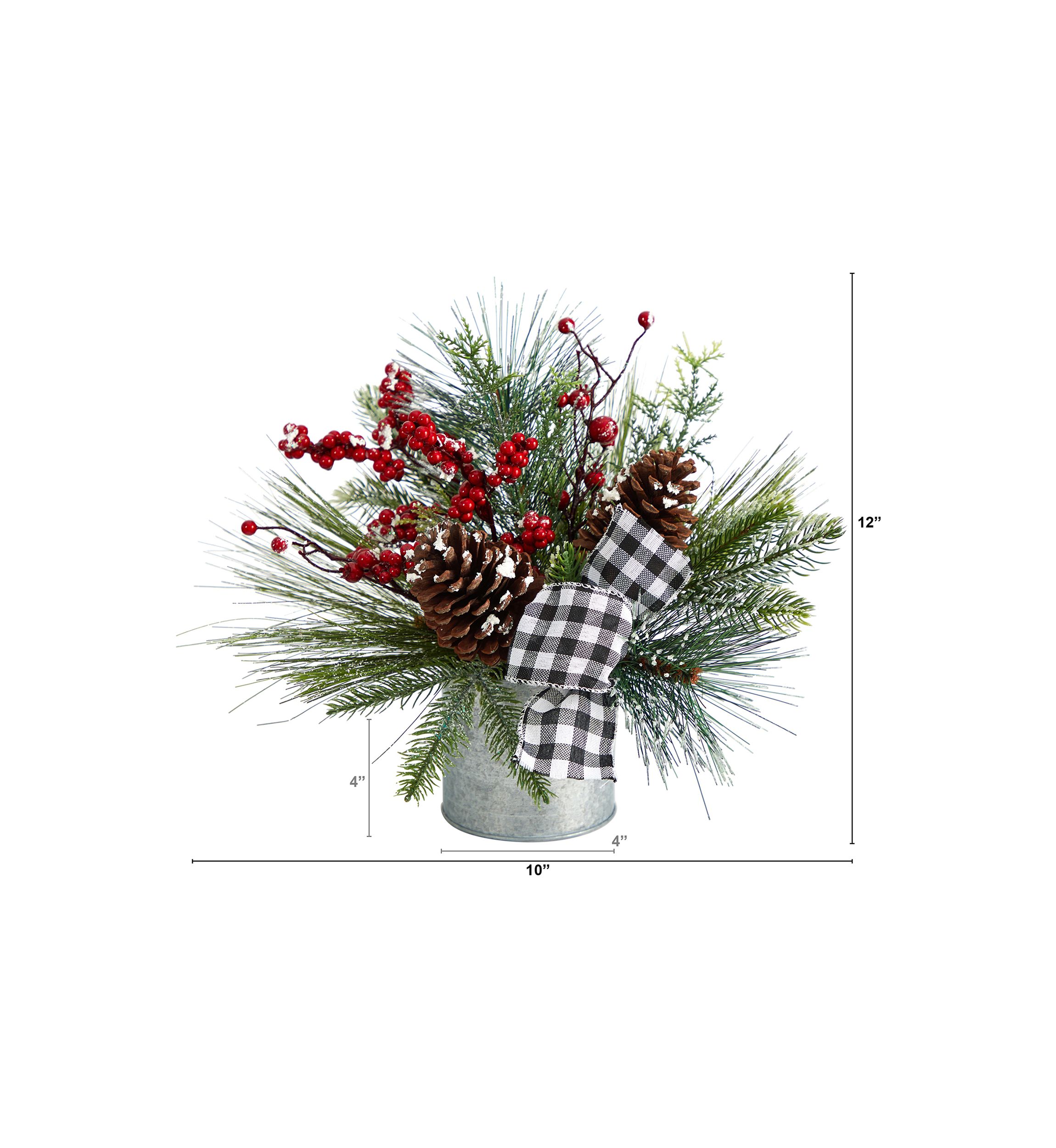 12 Inch Frosted Pinecones and Berries Artificial Arrangement in Vase with Decorative Plaid Bow
