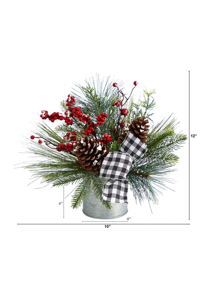 12 Inch Frosted Pinecones and Berries Artificial Arrangement in Vase with Decorative Plaid Bow