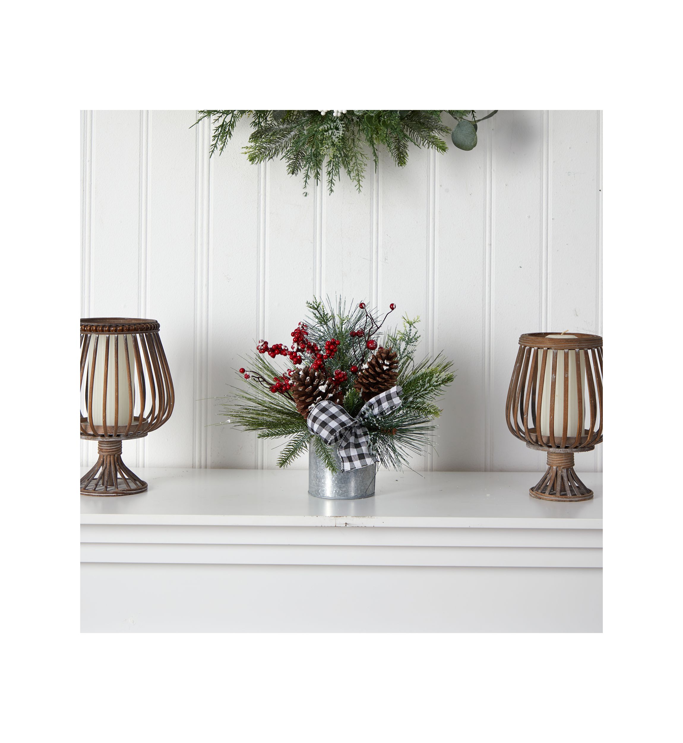 12 Inch Frosted Pinecones and Berries Artificial Arrangement in Vase with Decorative Plaid Bow