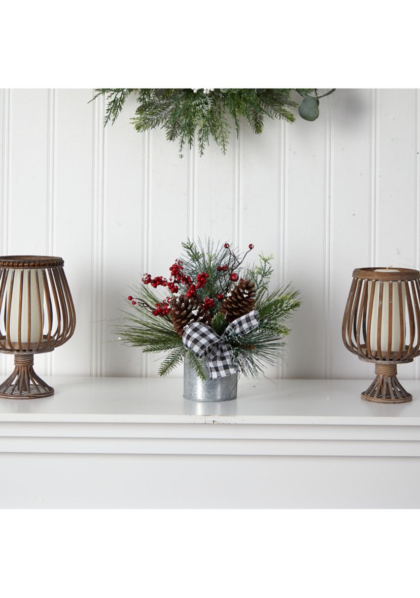 12 Inch Frosted Pinecones and Berries Artificial Arrangement in Vase with Decorative Plaid Bow