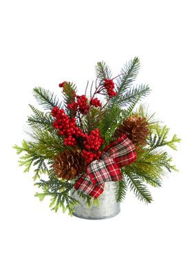 Nearly Natural 12 Inch Holiday Winter Pinecones, Berries, Greenery and Plaid Bow Artificial Christmas Table Arrangement