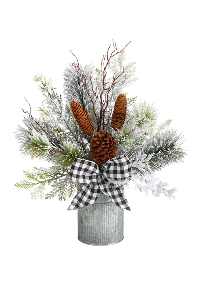 20 Inch Holiday Winter Greenery with Pinecones and Gingham Plaid Bow Table Artificial Christmas Arrangement