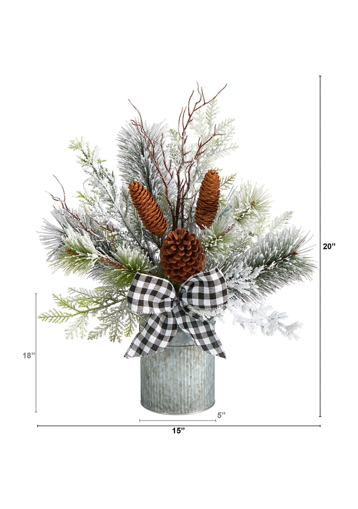 20 Inch Holiday Winter Greenery with Pinecones and Gingham Plaid Bow Table Artificial Christmas Arrangement