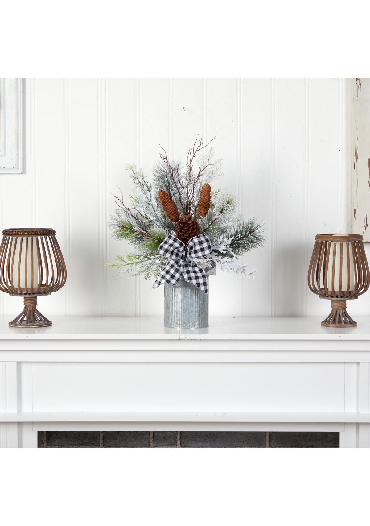 20 Inch Holiday Winter Greenery with Pinecones and Gingham Plaid Bow Table Artificial Christmas Arrangement