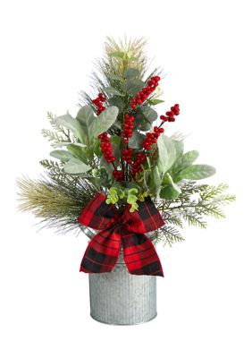 20 Inch Holiday Winter Greenery, Pinecone and Berries with Buffalo Plaid Bow Artificial Christmas Table Arrangement