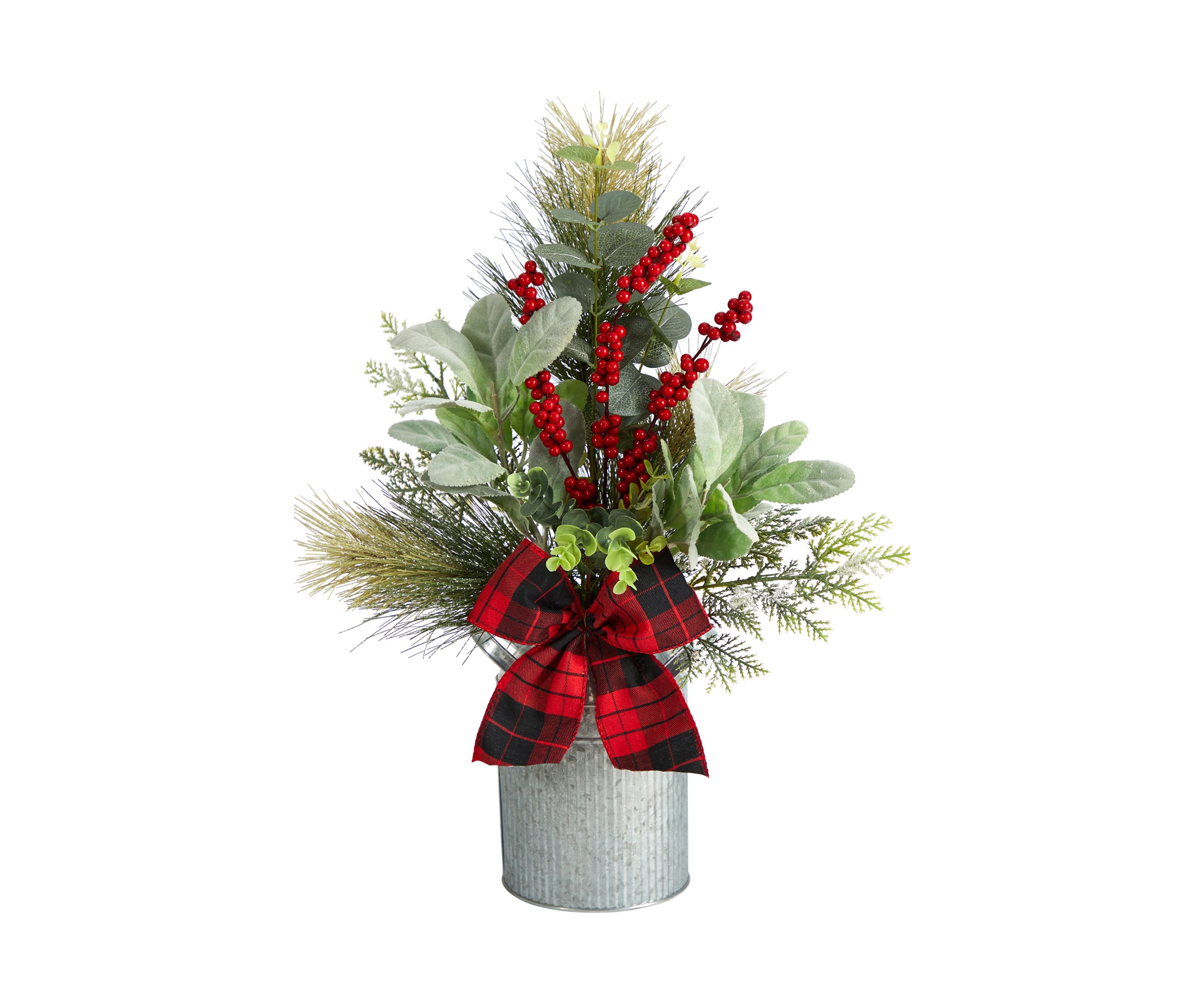 20 Inch Holiday Winter Greenery, Pinecone and Berries with Buffalo Plaid Bow Artificial Christmas Table Arrangement