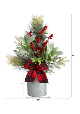 20 Inch Holiday Winter Greenery, Pinecone and Berries with Buffalo Plaid Bow Artificial Christmas Table Arrangement
