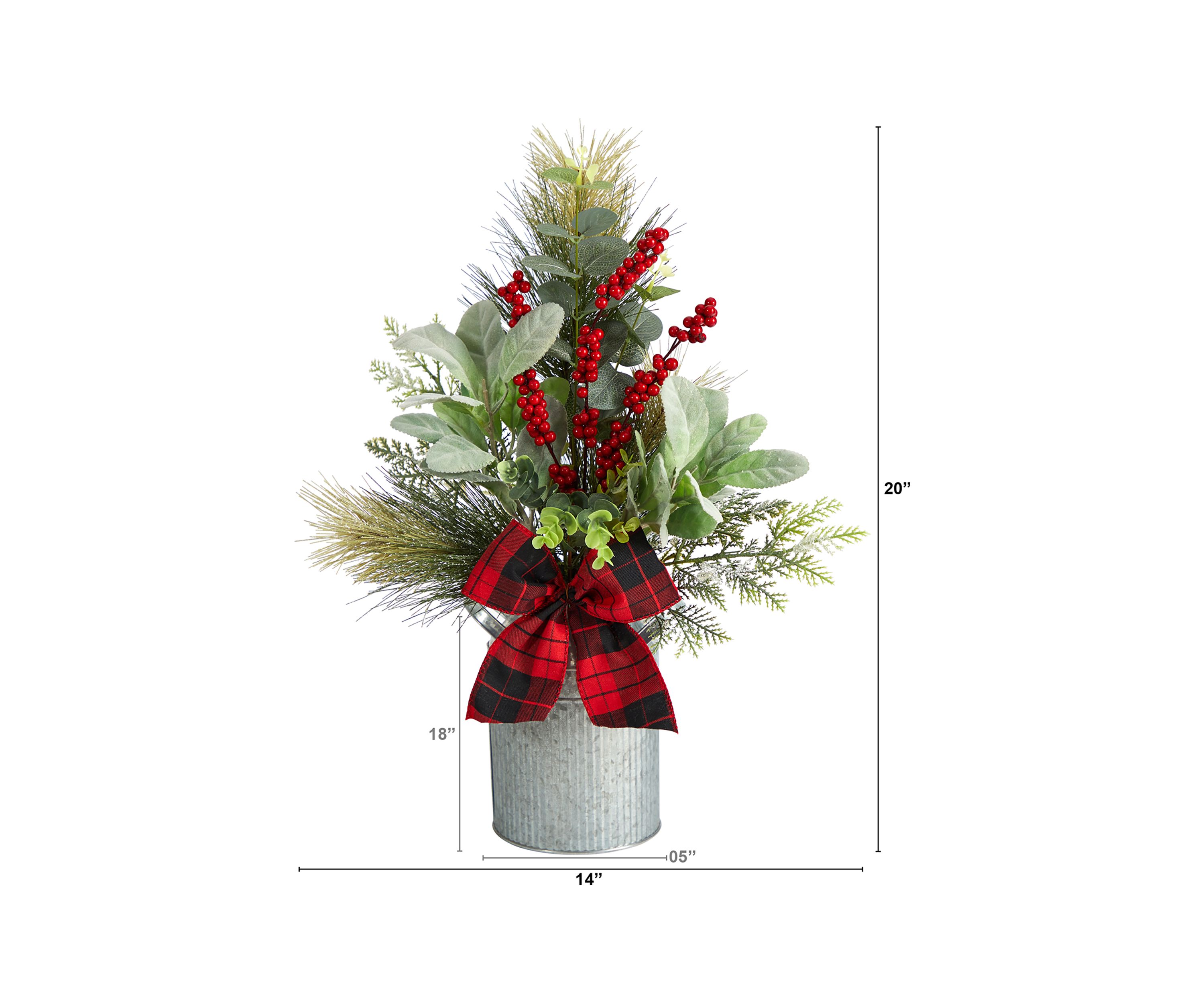 20 Inch Holiday Winter Greenery, Pinecone and Berries with Buffalo Plaid Bow Artificial Christmas Table Arrangement