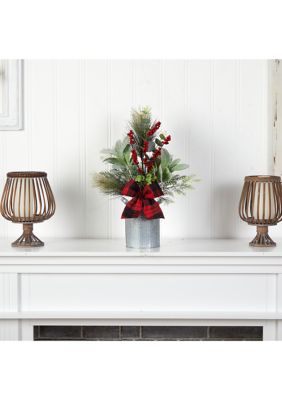 20 Inch Holiday Winter Greenery, Pinecone and Berries with Buffalo Plaid Bow Artificial Christmas Table Arrangement