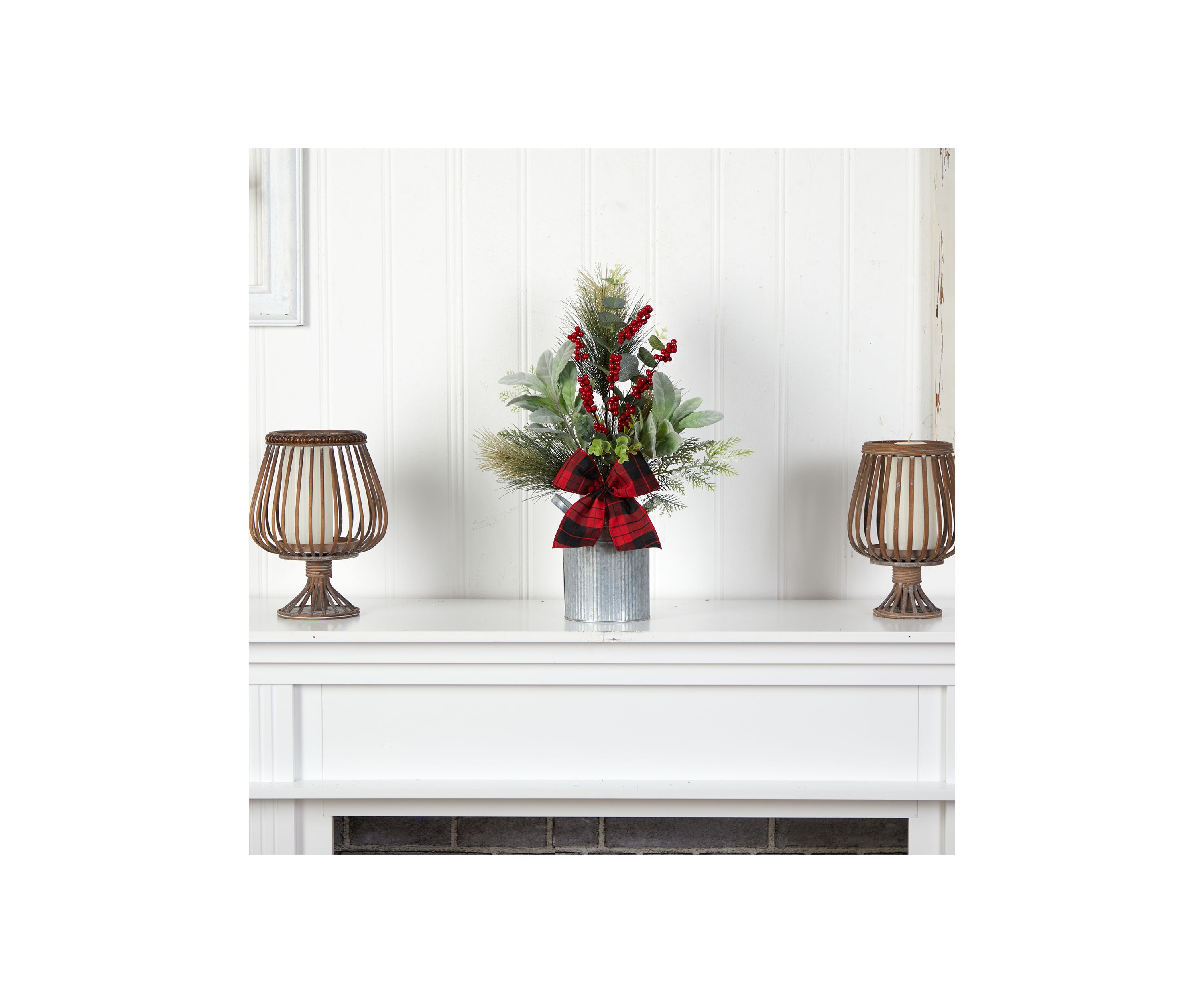 20 Inch Holiday Winter Greenery, Pinecone and Berries with Buffalo Plaid Bow Artificial Christmas Table Arrangement