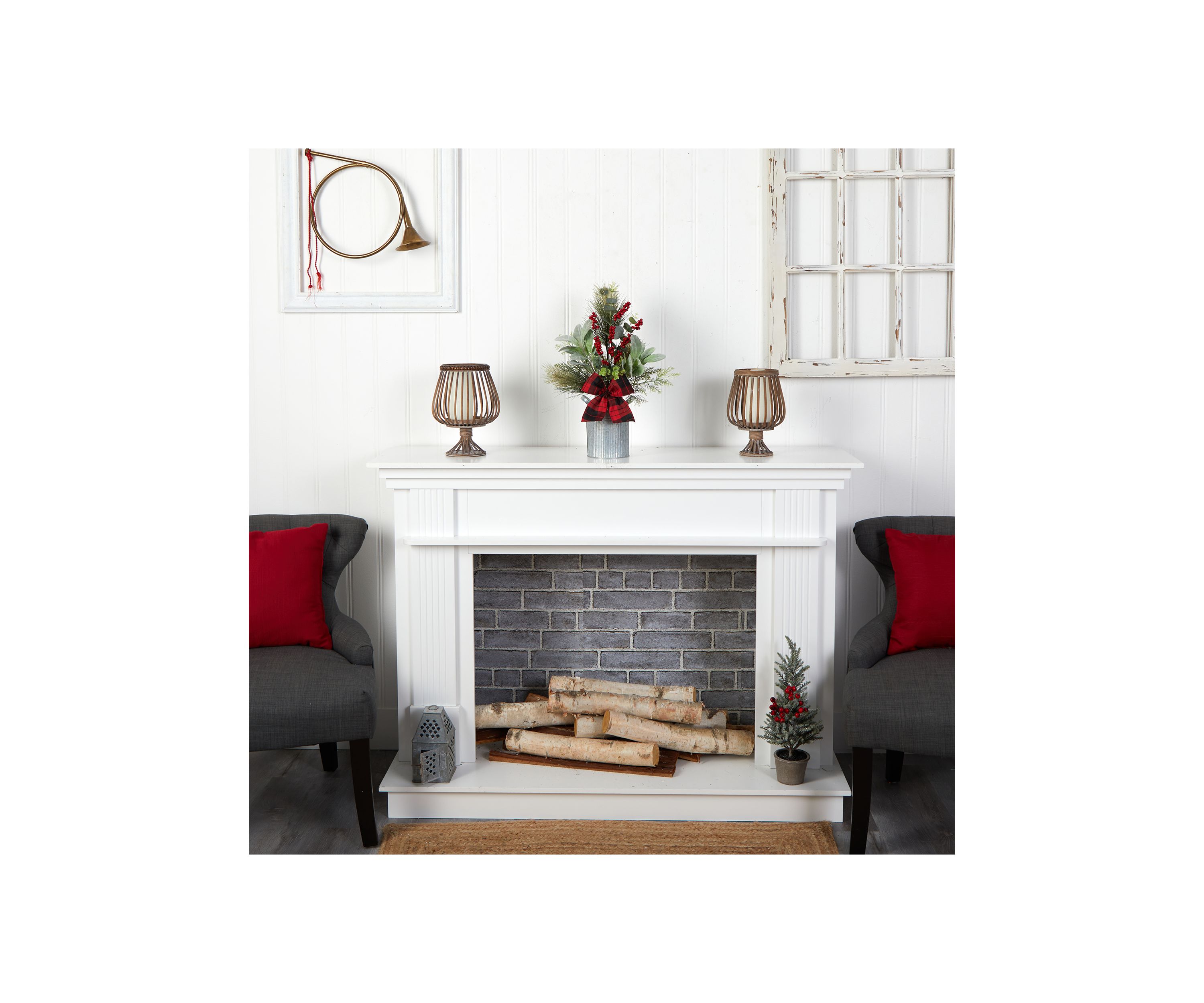 20 Inch Holiday Winter Greenery, Pinecone and Berries with Buffalo Plaid Bow Artificial Christmas Table Arrangement