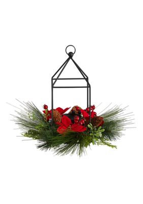 Nearly Natural 14 Inch Christmas Poinsettia, Berry and Pinecone Metal Candle Holder Christmas Artificial Table Arrangement, Green