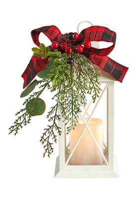 Nearly Natural 12 Inch Holiday White Lantern With Berries, Pine and Plaid Bow Artificial Christmas Table Arrangement with LED Candle Included, Green