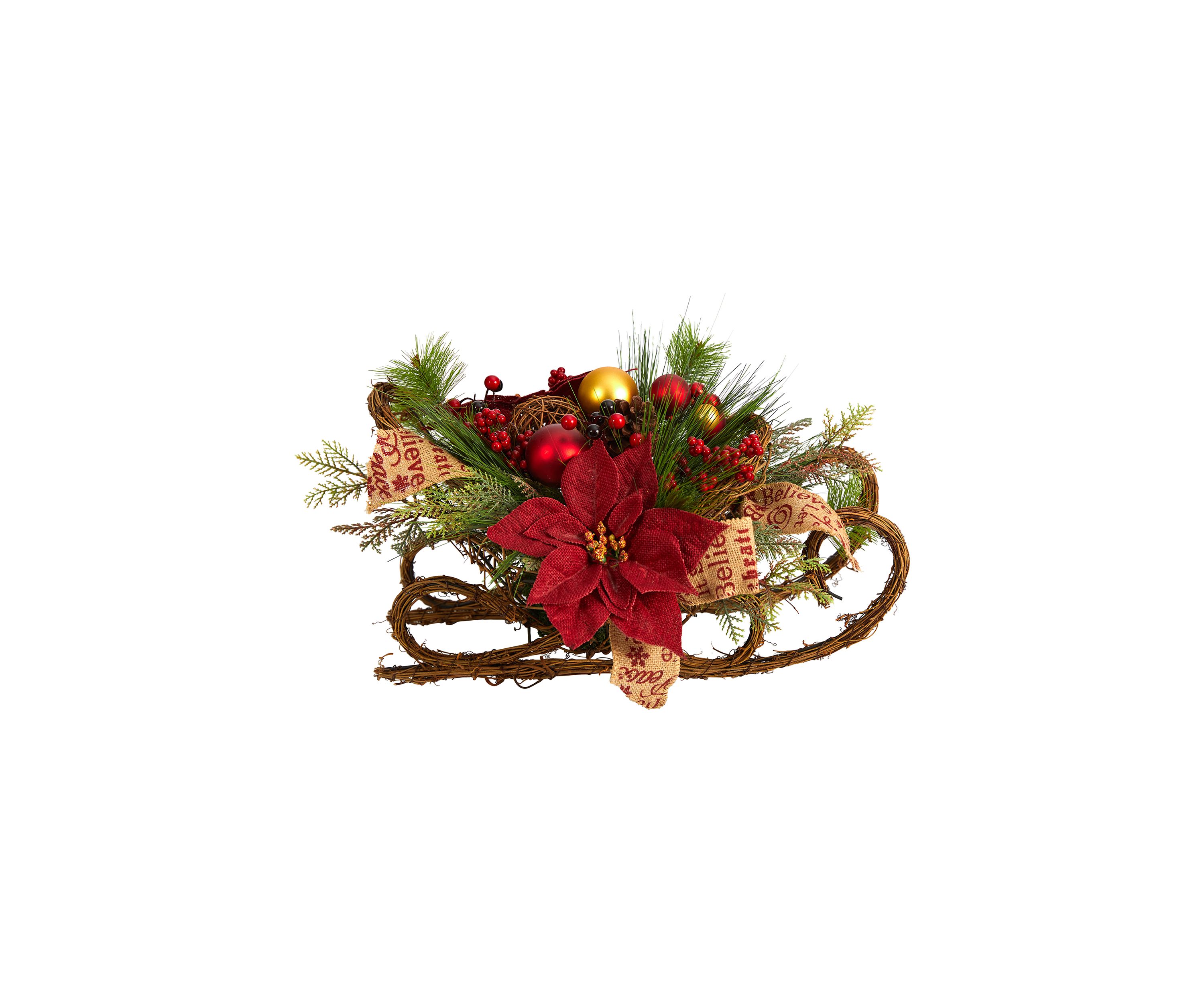 18 Inch Christmas Sleigh with Poinsettia, Berries and Pinecone Artificial Arrangement with Ornaments