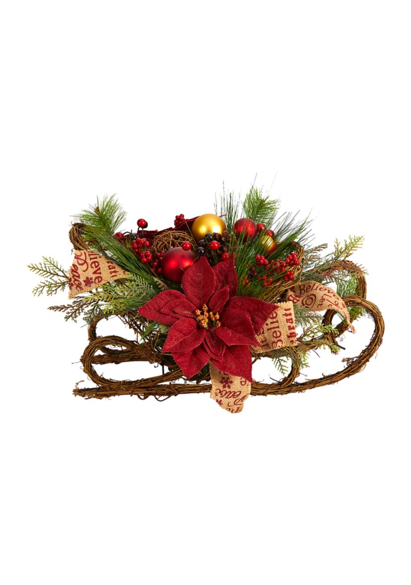 18 Inch Christmas Sleigh with Poinsettia, Berries and Pinecone Artificial Arrangement with Ornaments