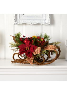 18 Inch Christmas Sleigh with Poinsettia, Berries and Pinecone Artificial Arrangement with Ornaments